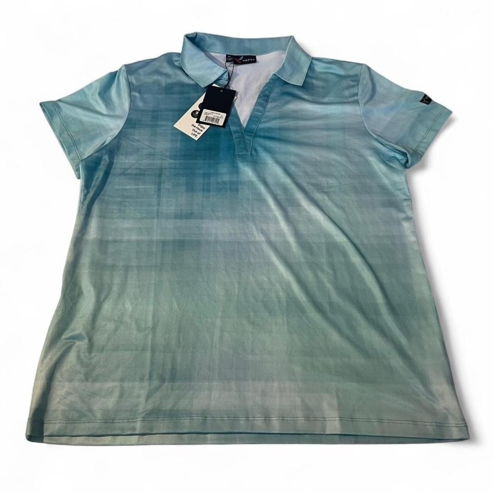 Yatta Golf Womens Polo Shirt XL Vintage Blue Plaid Moisture Wicking V-Neck New